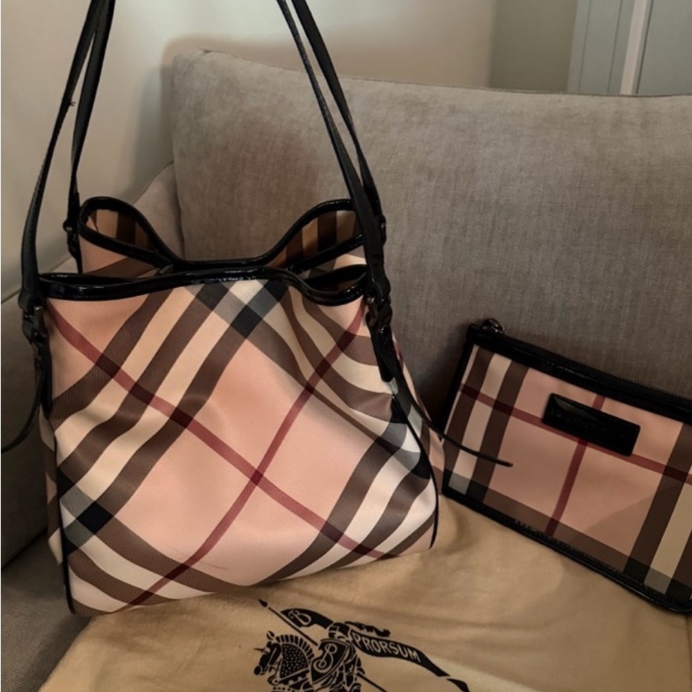 Burberry  Canterbury Nova Plaid Shoulder Bag with Black Trim and matching pouch